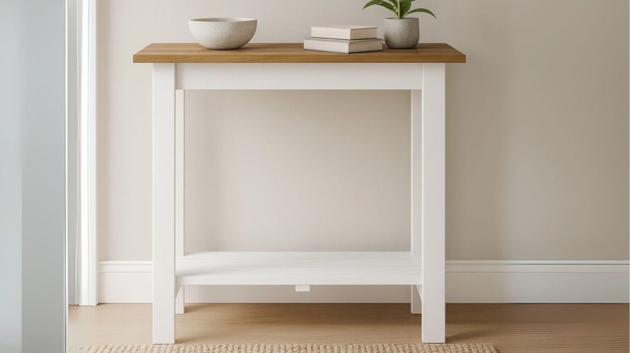 Small white console table with wood top and bottom shelf