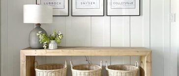 Modern waterfall console with baskets on the lower shelf