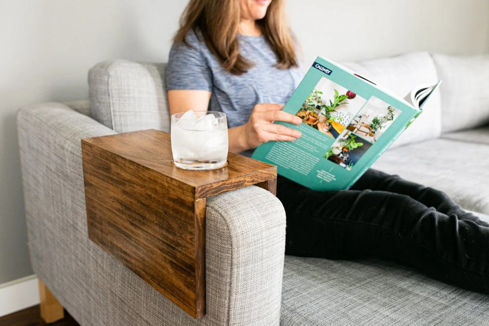 Wooden sofa sleeve with a recessed cup opening
