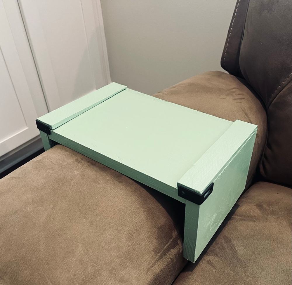 Sage green scrap-wood tray with short and long side panels
