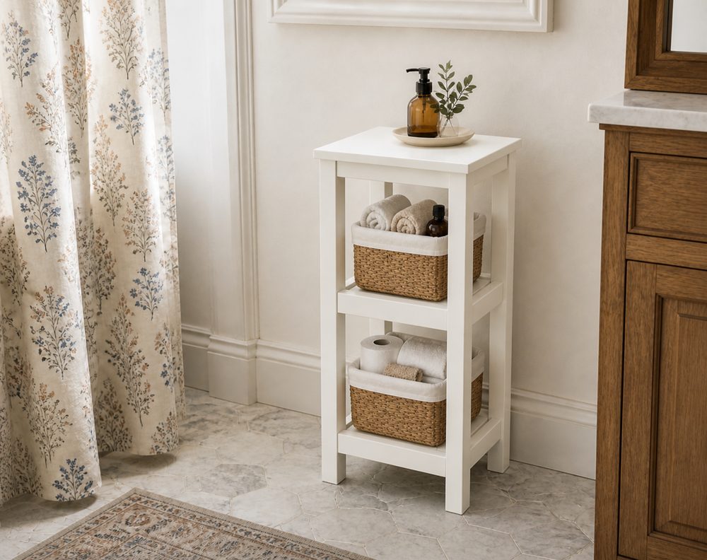 White wooden bathroom storage tower with two baskets beside a vanity — Ana White project